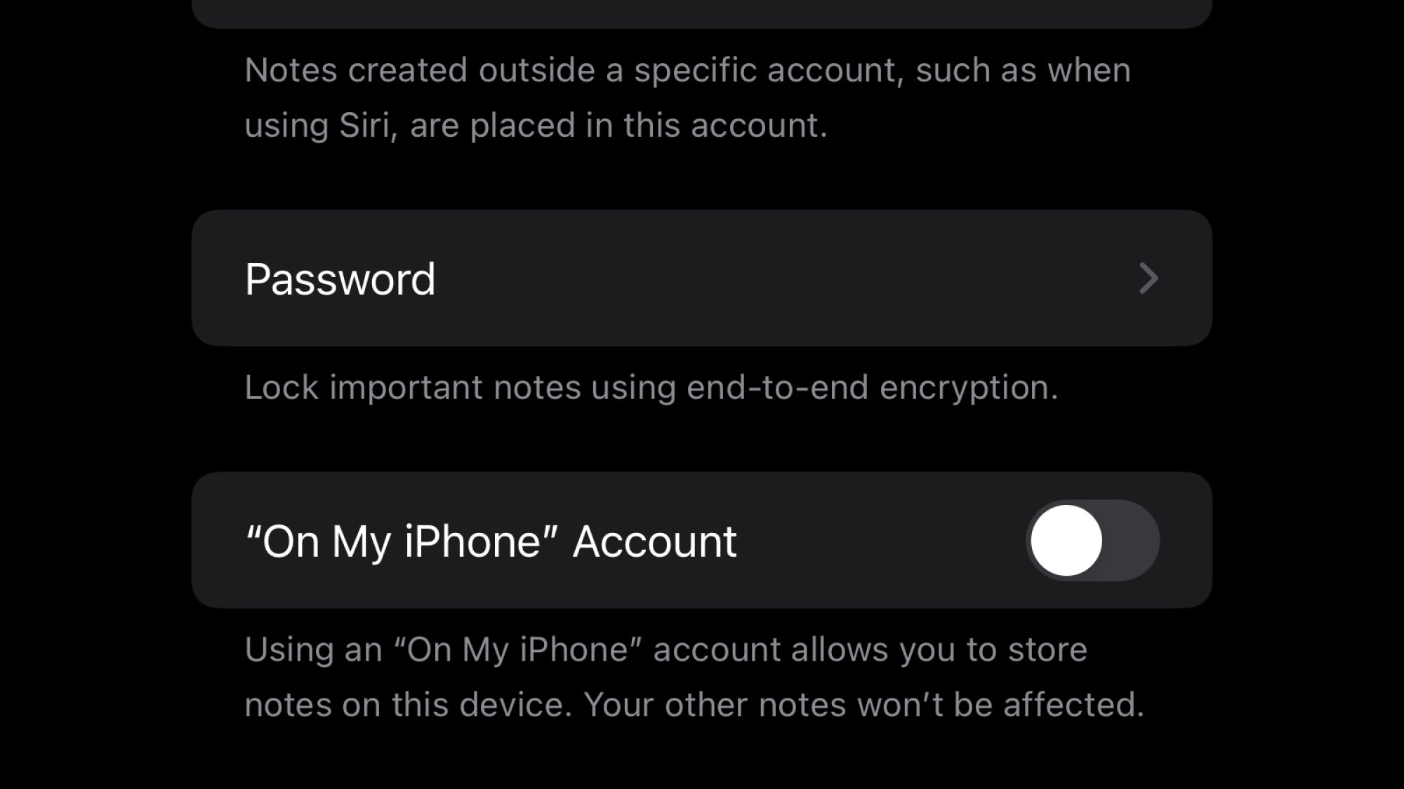 Скриншот настроек Apple Notes, показывая возможность использования автономной учетной записи заметок». /> <span class=