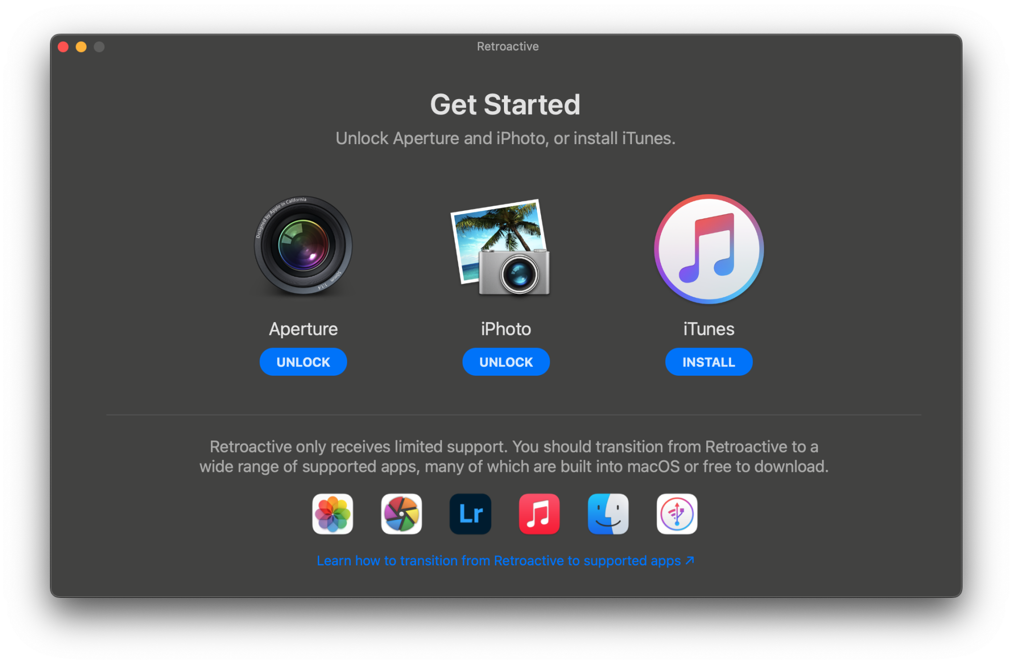 Скриншот приложения Retroactive на Mac, где показаны три варианта: «Разблокировать Aperture», «Разблокировать iPhoto» и «Установить iTunes». /> <span class=