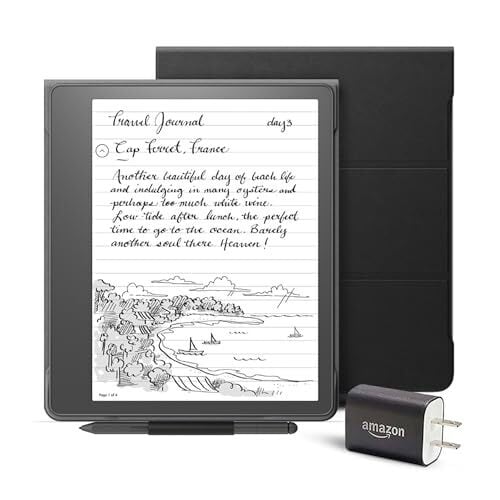 Набор Kindle Scribe Essentials, включающий Kindle Scribe (64 ГБ), ручку Premium Pen, кожаный чехол-книжку с магнитным креплением - черный и адаптер питания