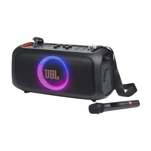 JBL PartyBox On-The-Go Essential — портативная колонка для вечеринок со встроенной подсветкой и беспроводным подключением микрофон, потрясающий профессиональный звук, защита от брызг IPX4, 6 часов воспроизведения, удобный плечевой ремень