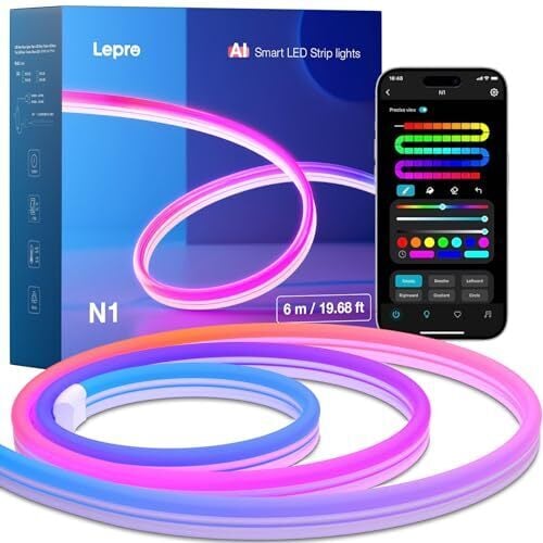 Lepro N1 AI Smart RGB Rope Lights со вставкой IC, LLM AI-освещение, синхронизация музыки LightBeats, распознавание лиц AI, голосовое управление через приложение, Wi-Fi на расстоянии 9,84 фута & Светодиодные ленты Bluetooth для спальни