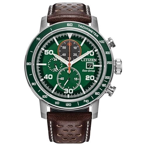 Citizen Men's Часы-хронограф Eco-Drive Weekender Brycen из нержавеющей стали, коричневый кожаный ремешок с перфорацией, зеленый безель, время/дата, 3 стрелки, зеленый циферблат (модель:CA0851-05X)