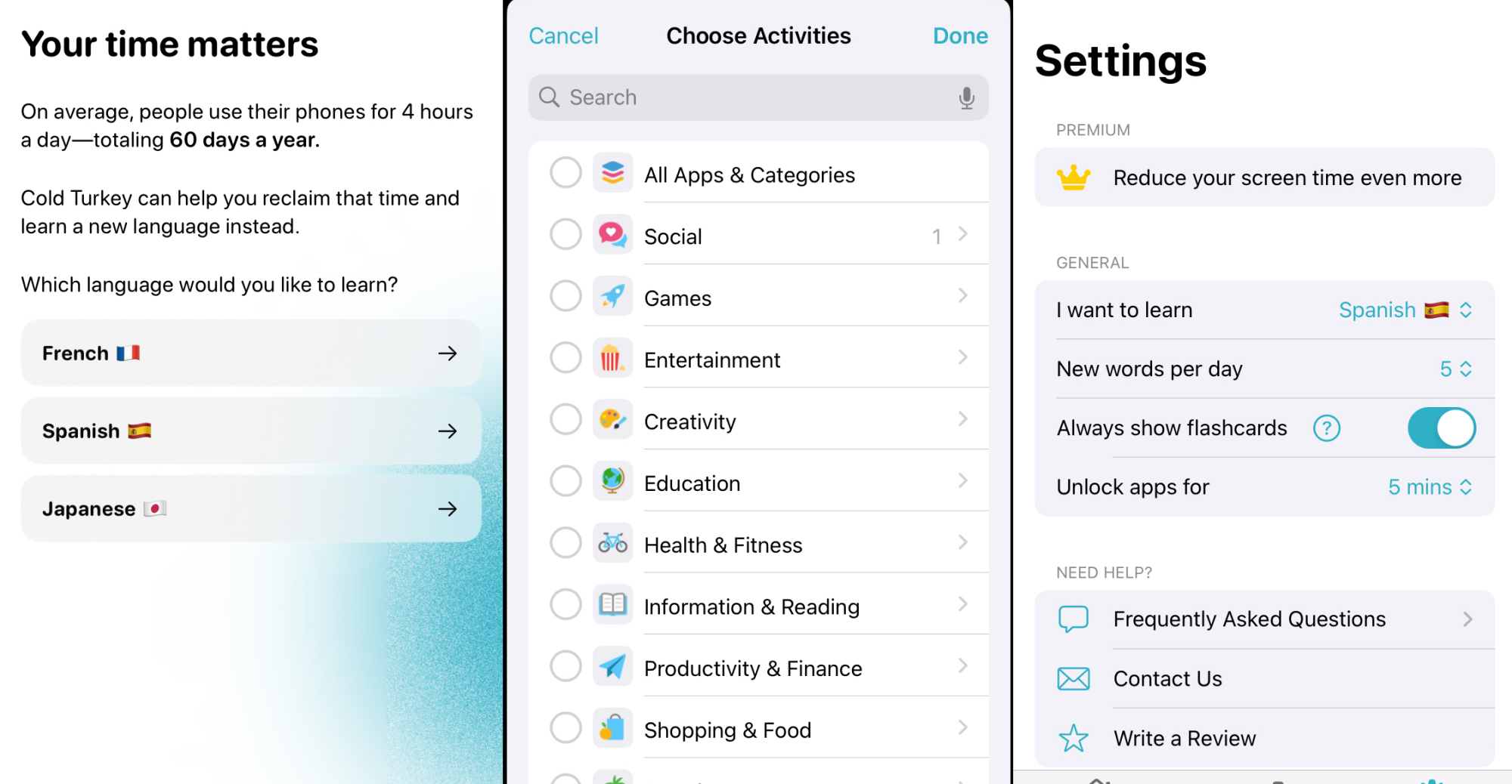 Три снимка экрана, демонстрирующие настройки Cold Turkey. На первом показан выбор языка, который предлагает французский, испанский и японский. На втором показаны категории, которые вы можете заблокировать. На третьем показаны настройки, в которых вы можете указать, сколько слов вы хотите выучить за день и как долго приложения должны оставаться разблокированными.