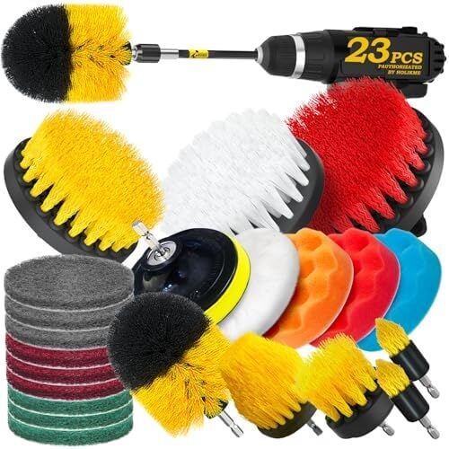 Holikme 23Pack Drill Brush Set Set, Scrub Pads & Sponge, Buffing Pads, Power Scrubber Brush with Extend Long Attachment, Car Polishing Pads Kit, Cleaning Принадлежности ，Скребок для душа,щетки для удаления царапин