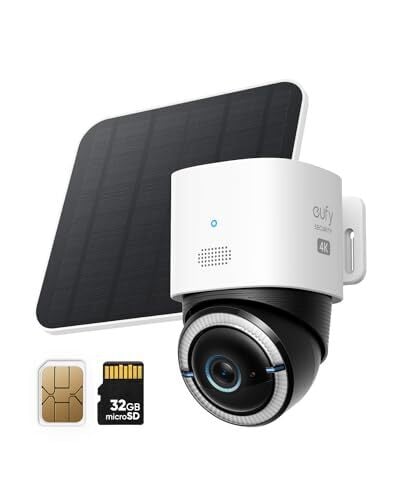 eufy Security 4G LTE Cam S330, 4K сотовые солнечные камеры безопасности беспроводные наружные, панорамирование и наклон, 4G и Wi-Fi Duo-Mode, отслеживание AI, с SIM-картой и SD-картой на 32 ГБ, без WiFi, без проблем