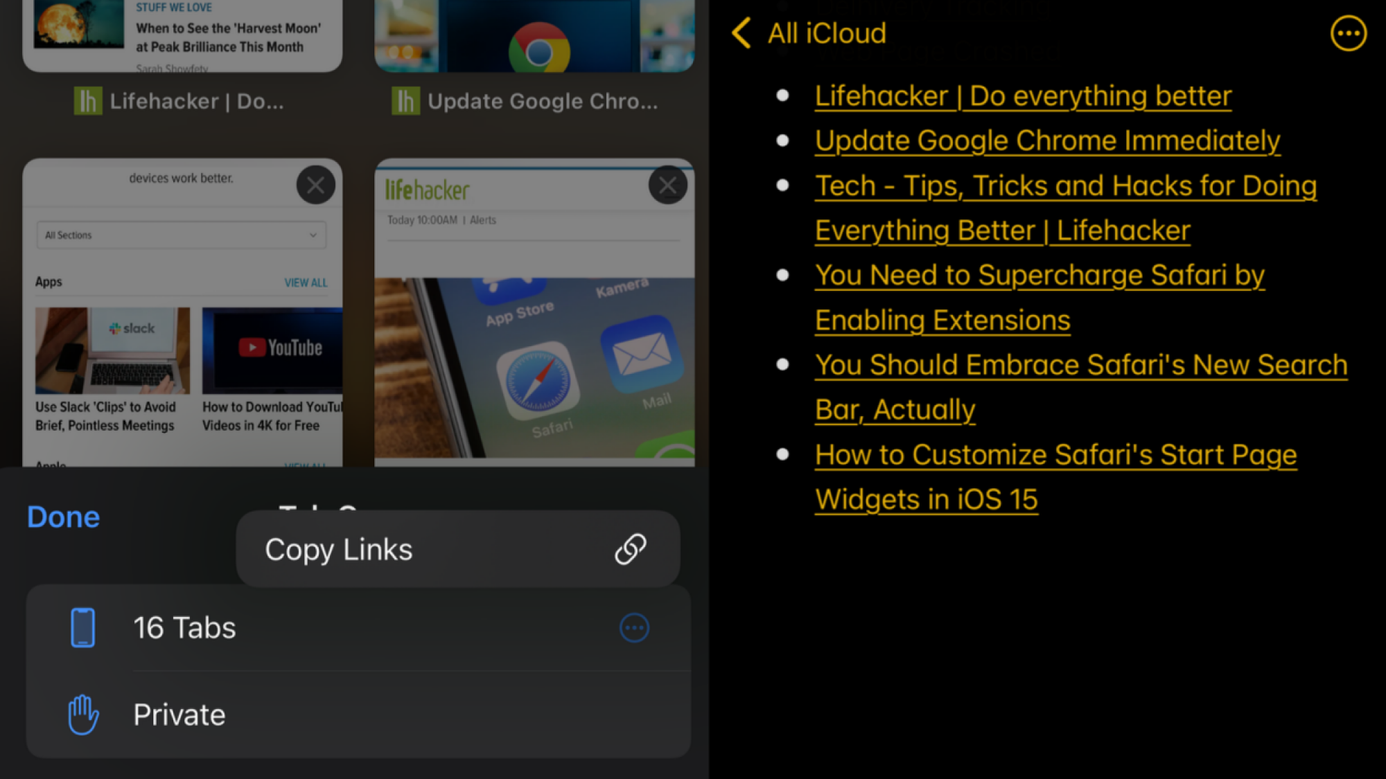 Скриншот, показывающий 16 открытых вкладок в Safari на iPhone, слева видна кнопка «Копировать ссылки». С правой стороны открыто приложение «Заметки», и все скопированные ссылки вставлены в новую заметку». /> <span class=