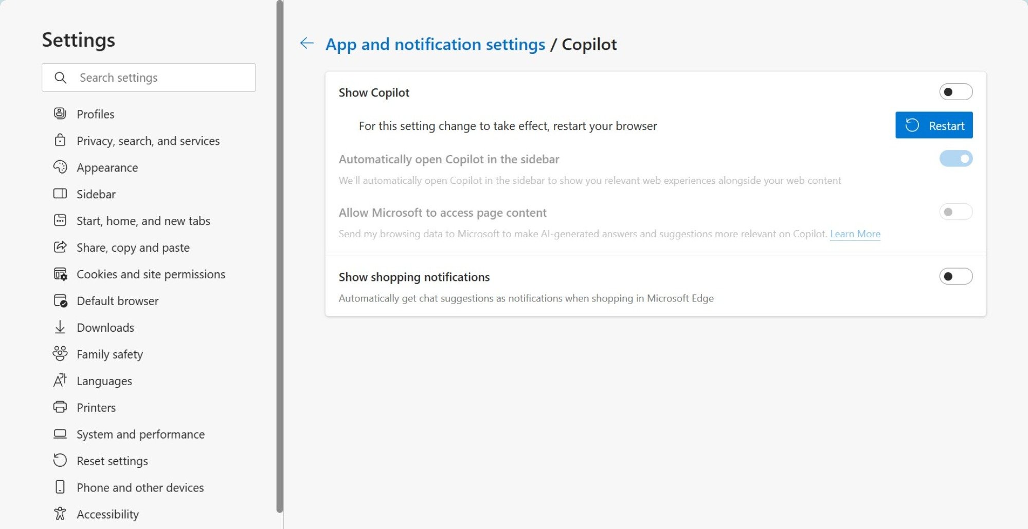 Переключатель Show Copilot в Microsoft Edge Settings